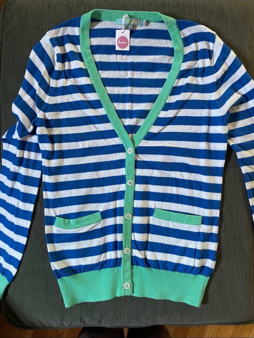 Boden Blue & White Striped Cardigan with Mint Trim